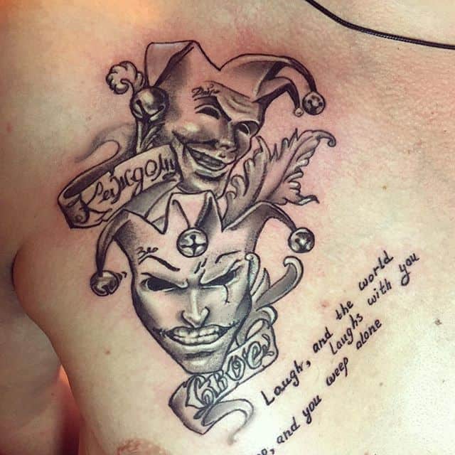 Tattoo of a jester on the chest for men