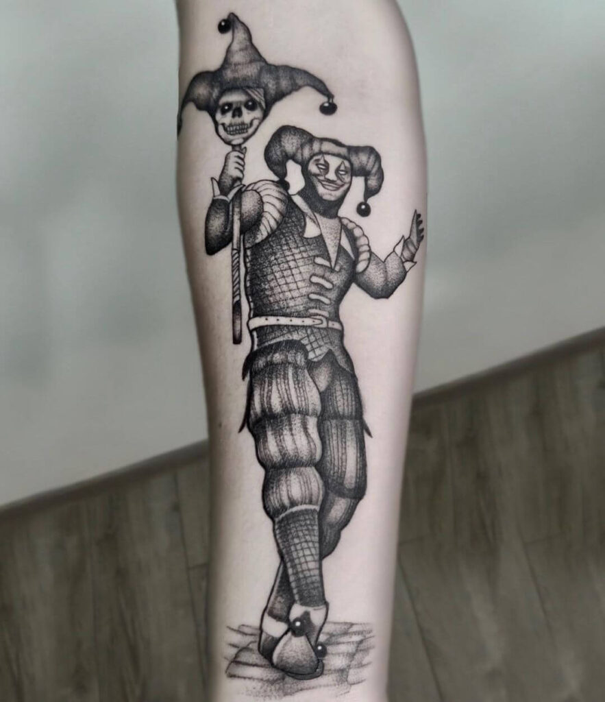 Tattoo of a jester on the forearm for women