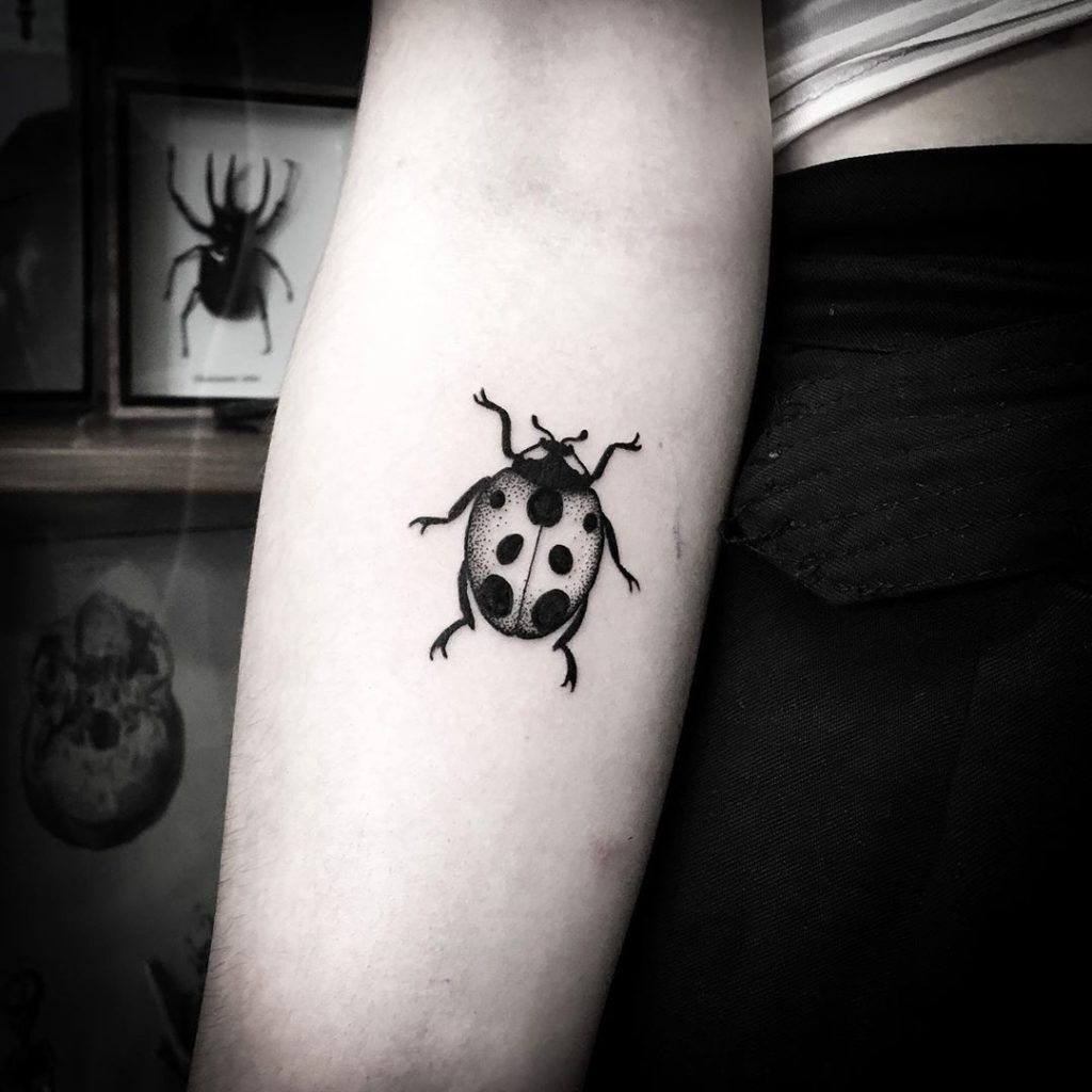 Ladybug tattoo on forearm for women