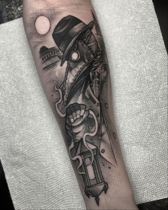 Plague doctor tattoo on forearm for men