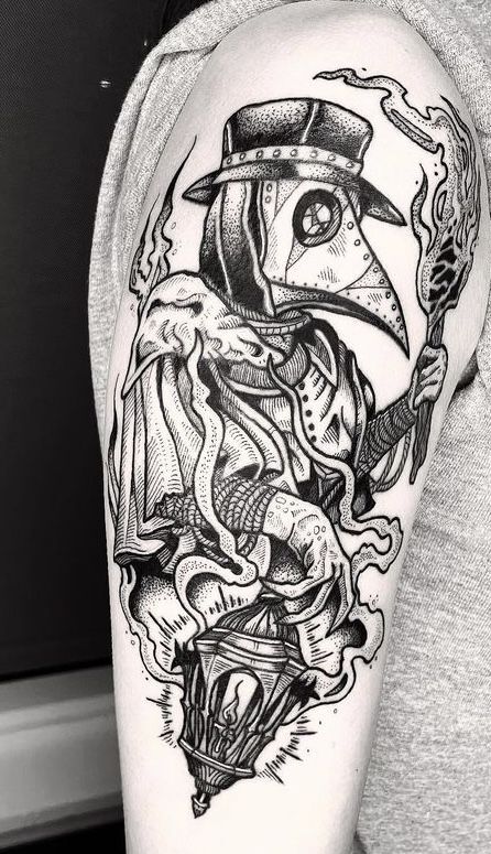 Plague doctor tattoo on the shoulder for men