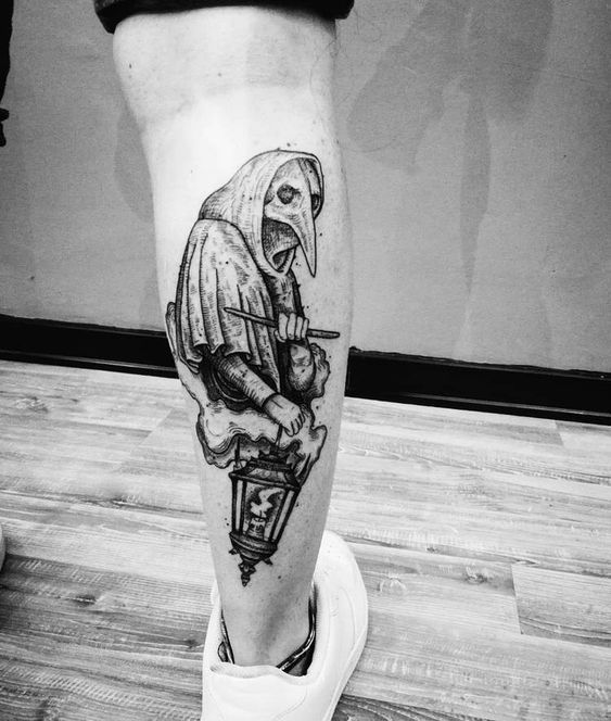 Plague doctor tattoo on the calf for men