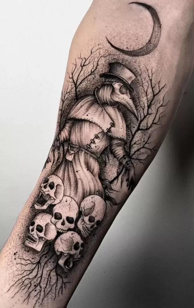 Plague doctor tattoo on forearm