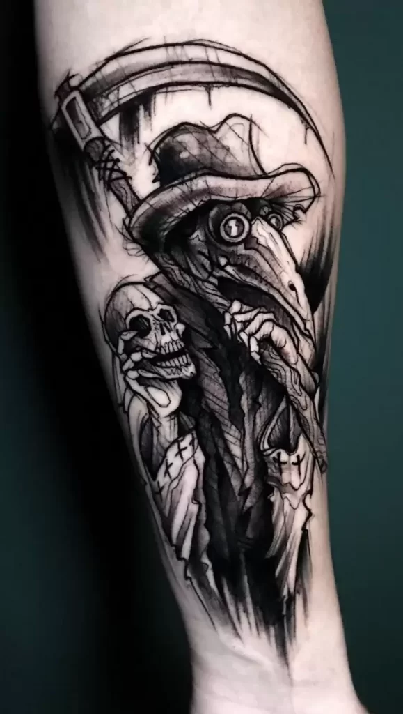 Plague doctor tattoo on forearm