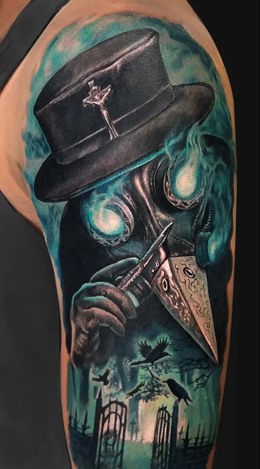 Plague doctor tattoo on the shoulder for men