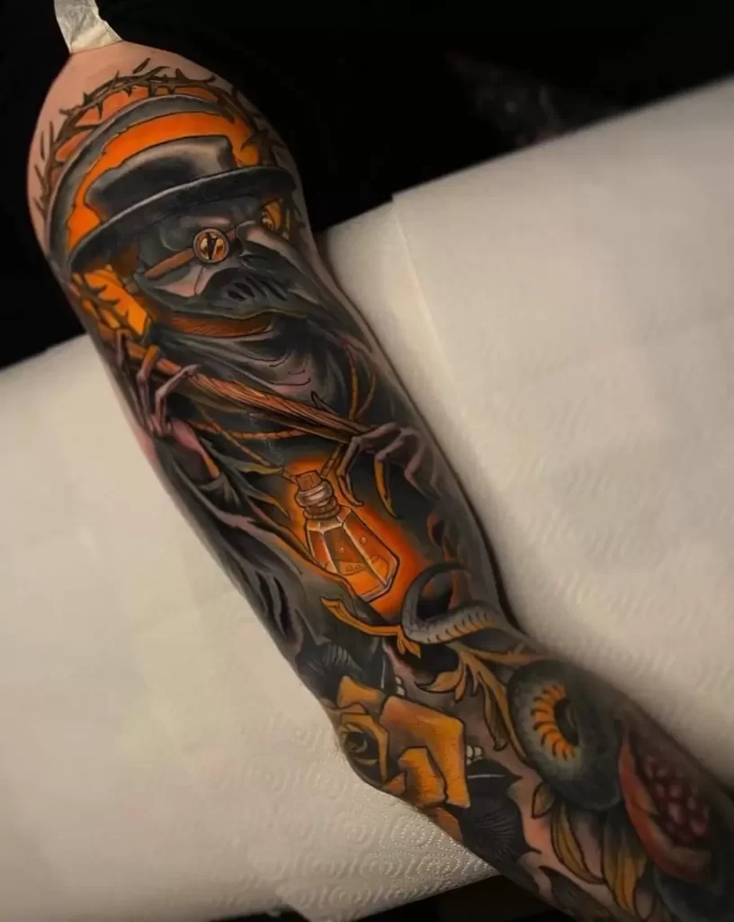 Tattoo of a plague doctor on the arm