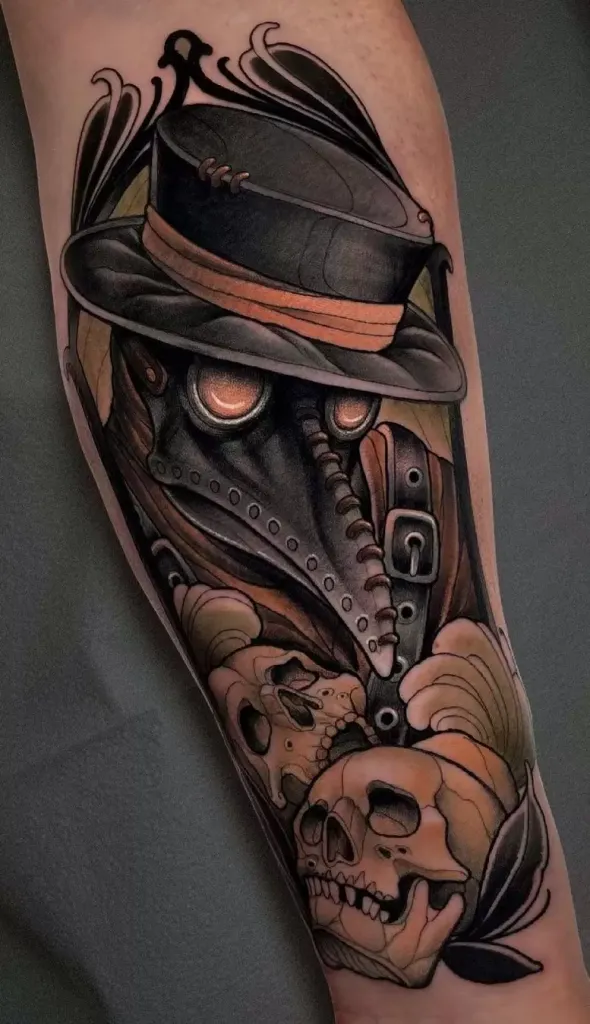 Plague doctor tattoo on forearm for women