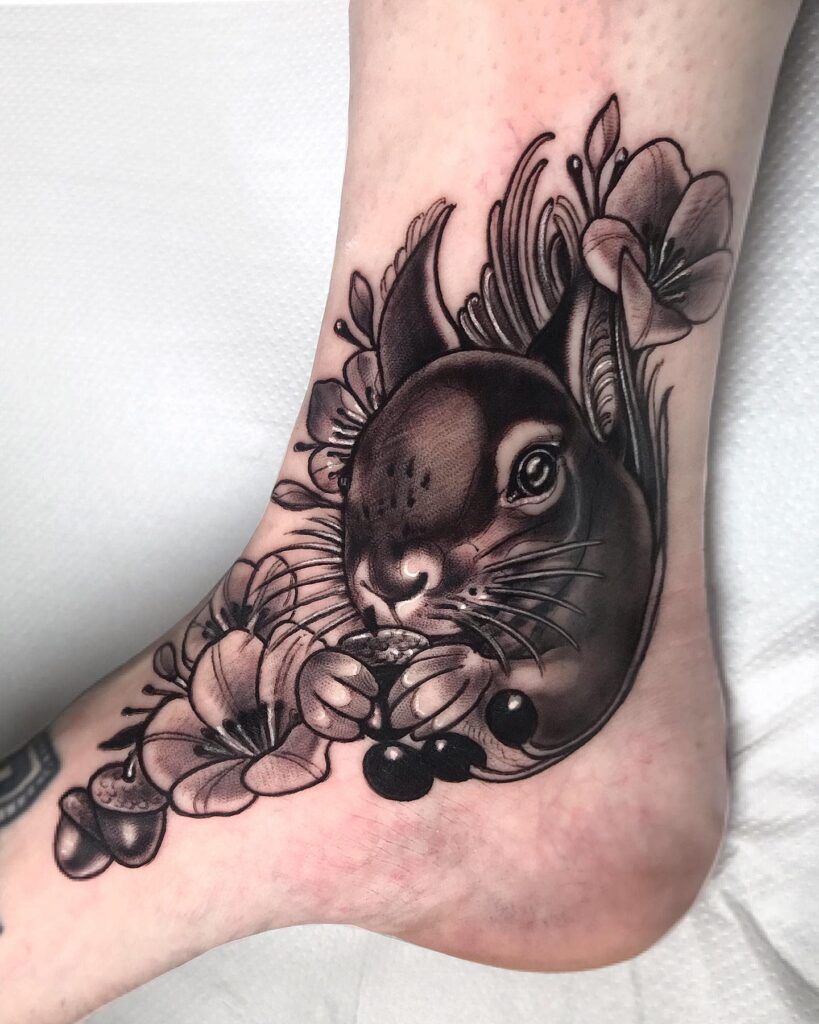 Ankle squirrel tattoo for women