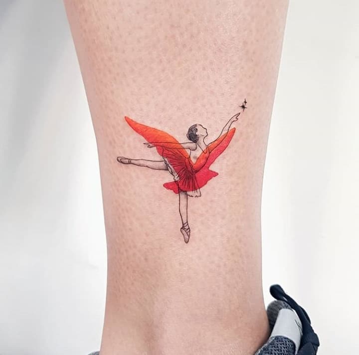 Ballerina tattoo on the shin for women