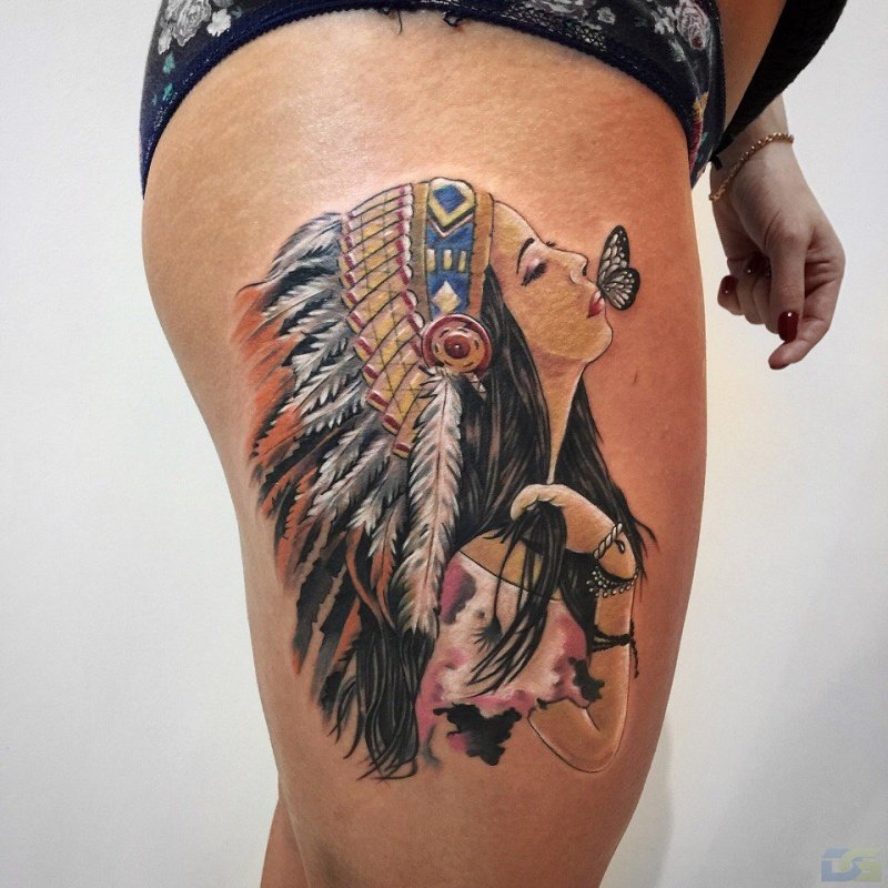 Indian tattoo on the hip for women