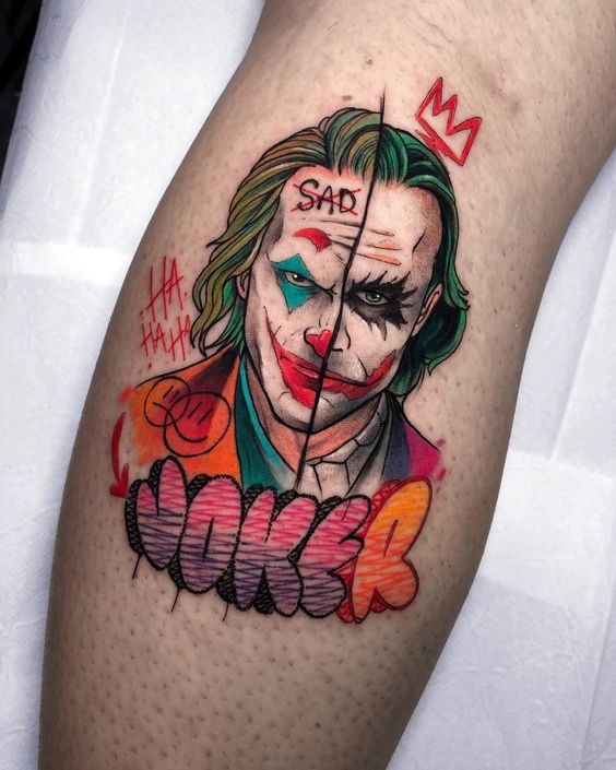 Joker tattoo on the calf for women