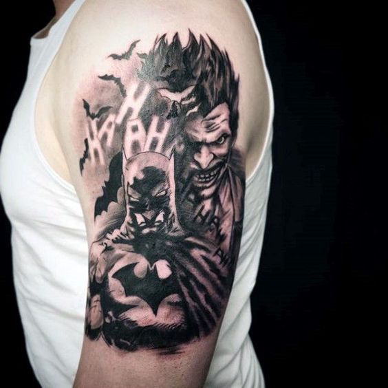 Tattoo of the joker on the shoulder for men