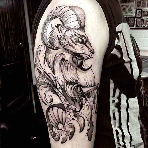 Tattoo of a ram on the shoulder for men