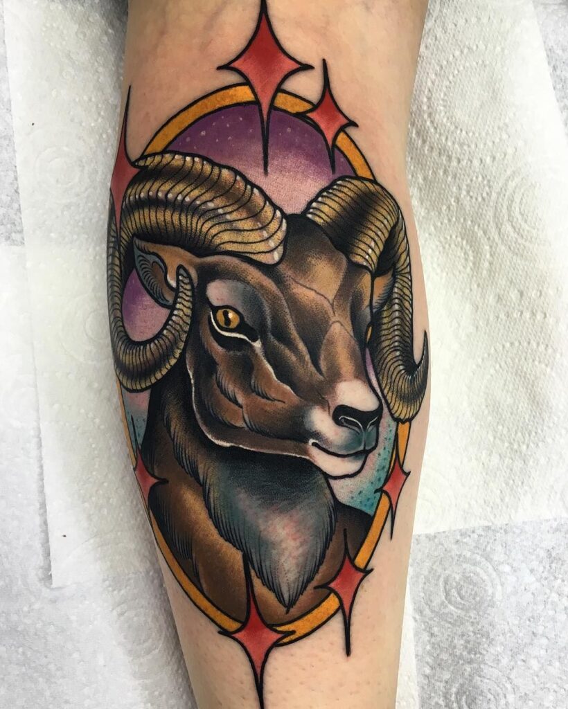 Tattoo of a ram on the leg for women