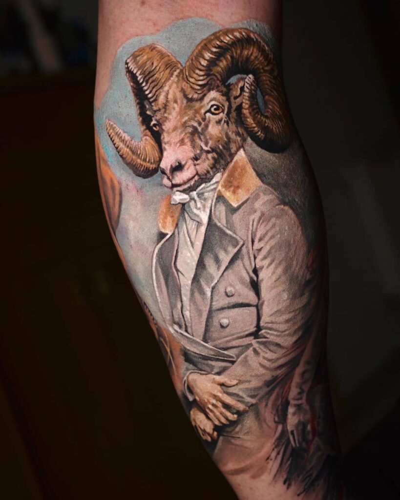 Ram tattoo on leg