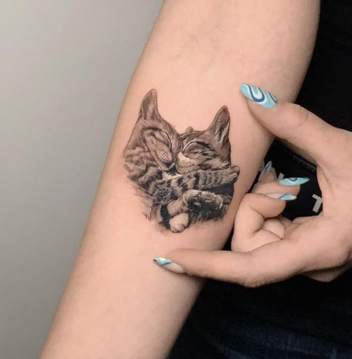 Cat tattoo on the forearm for women