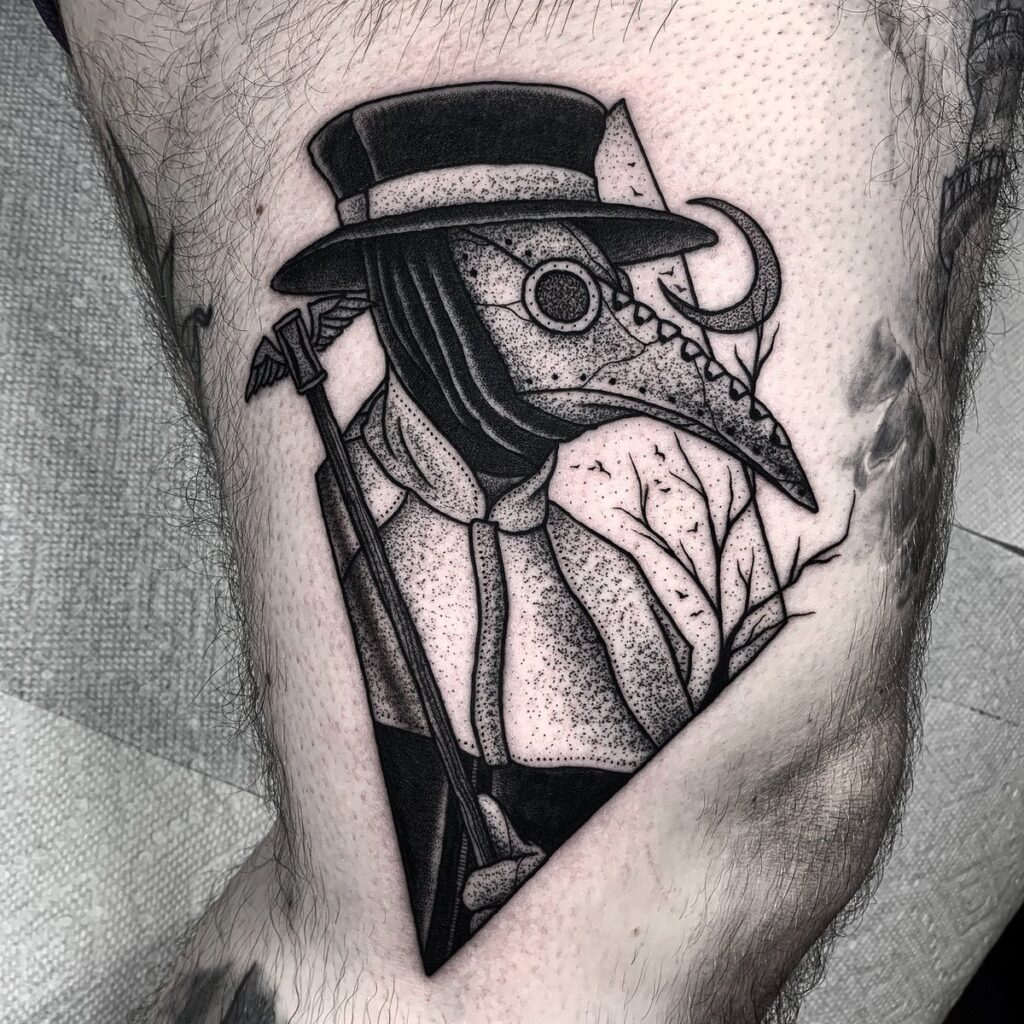 Plague doctor tattoo on the thigh for men