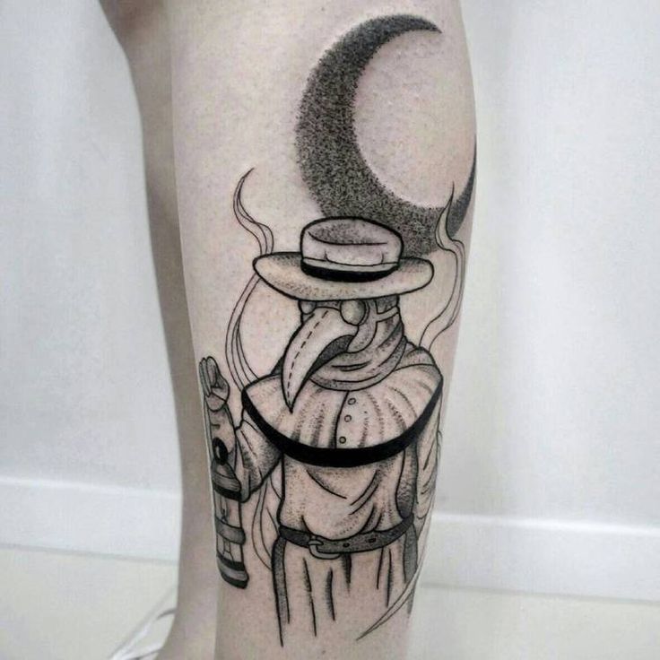 Plague doctor tattoo on the shin for women