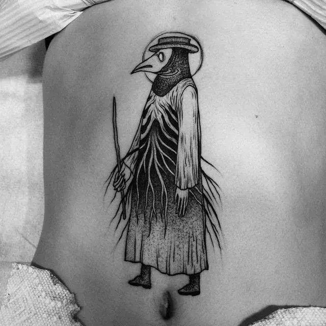 Plague doctor tattoo on the stomach for women