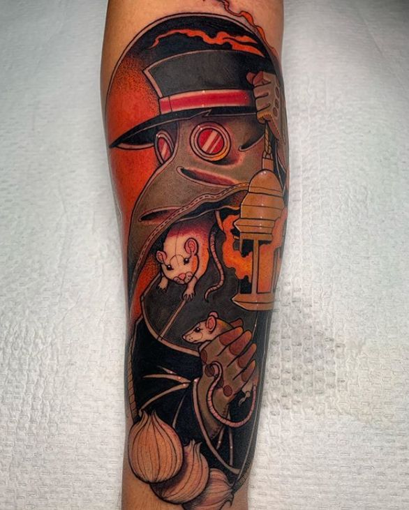 Plague doctor tattoo on forearm for women