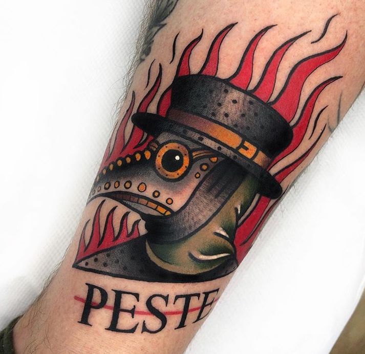 Plague doctor tattoo on the leg for men