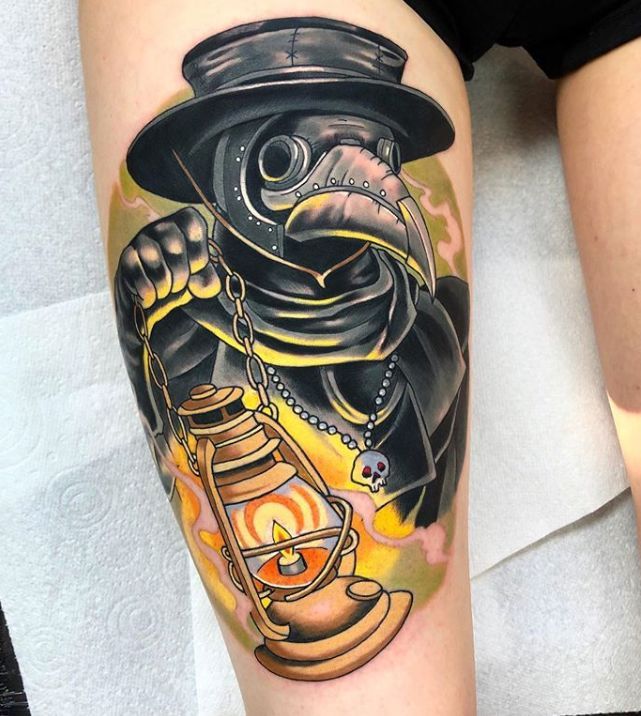 Plague doctor tattoo on the thigh for men