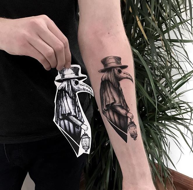 Plague doctor tattoo on forearm for men