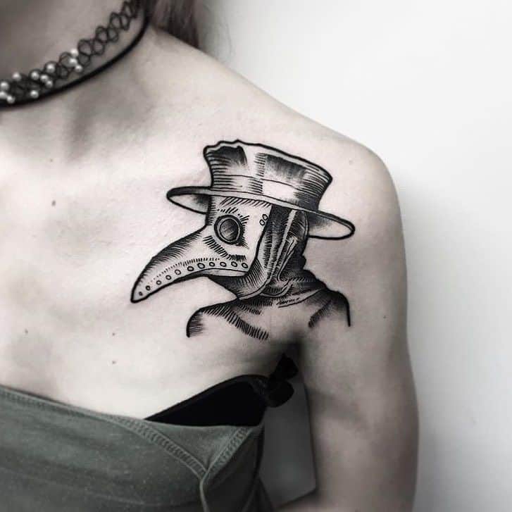 Plague doctor tattoo on the shoulder for women