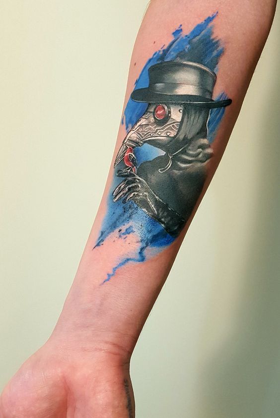 Plague doctor tattoo on forearm