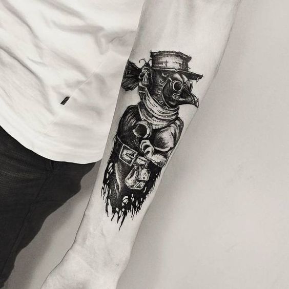 Plague doctor tattoo on forearm for men