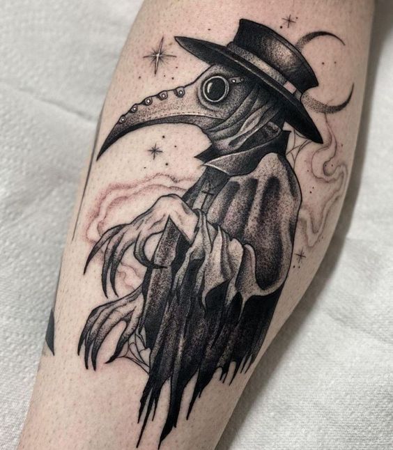 Tattoo of a plague doctor on the leg