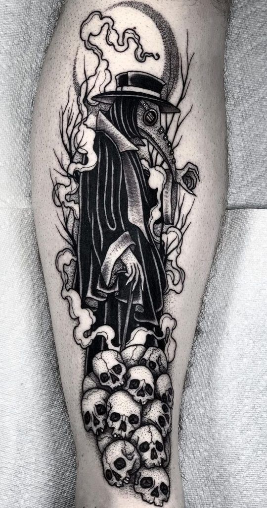 Plague doctor tattoo on the leg for men