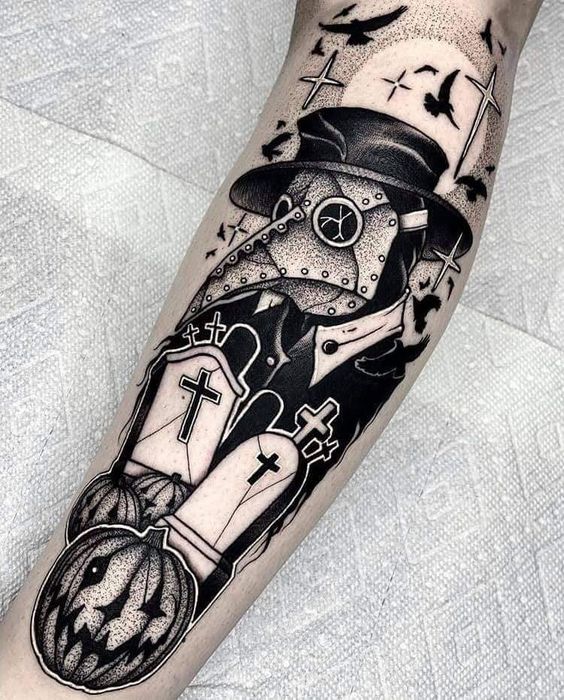 Plague doctor tattoo on the shin for men