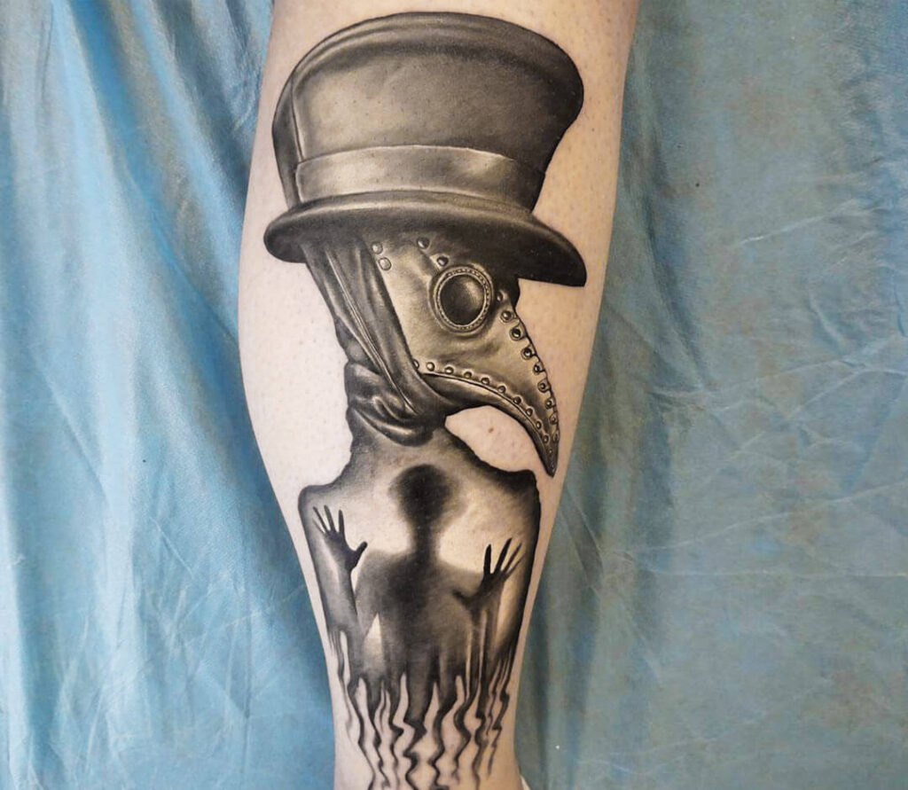 Tattoo of a plague doctor on the leg