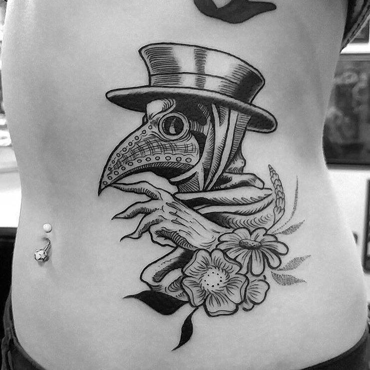 Plague doctor tattoo on the side for women