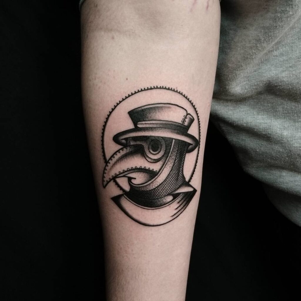 Plague doctor tattoo on forearm for men