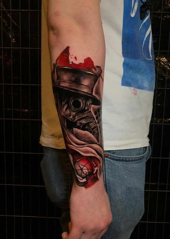 Plague doctor tattoo on forearm for men