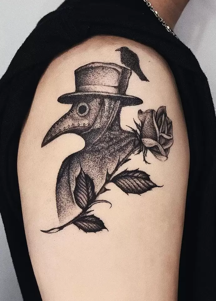 Plague doctor tattoo on the shoulder for men