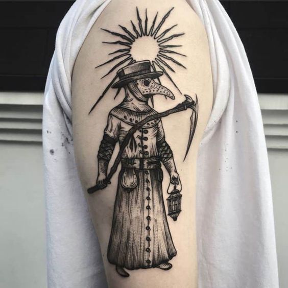 Plague doctor tattoo on the shoulder for men