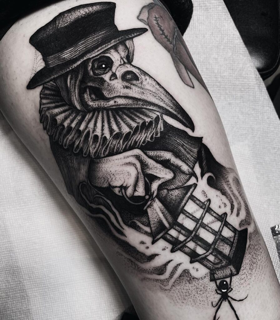 Plague doctor tattoo on the thigh for men