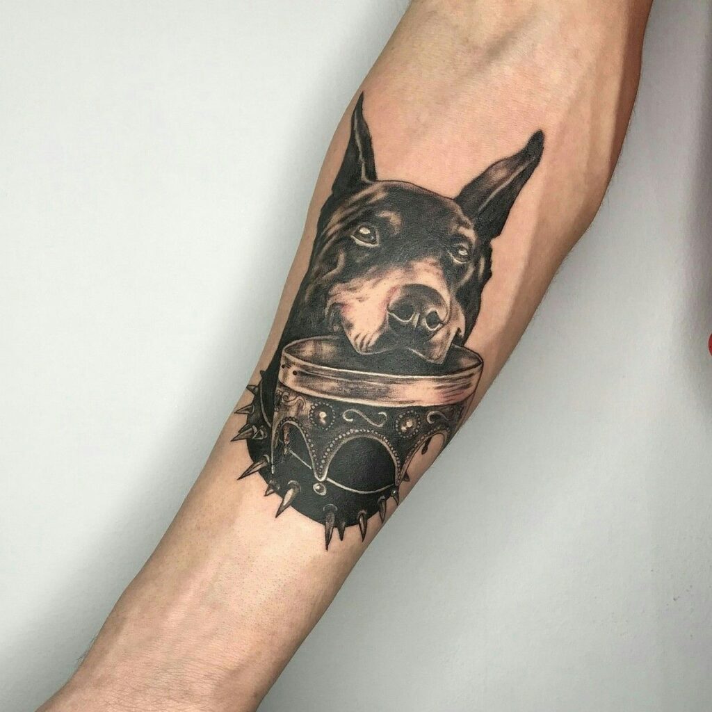 Doberman tattoo on the forearm for men