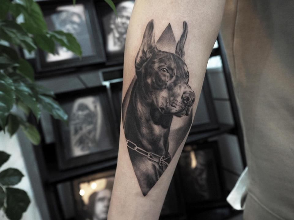 Doberman tattoo on the forearm for men