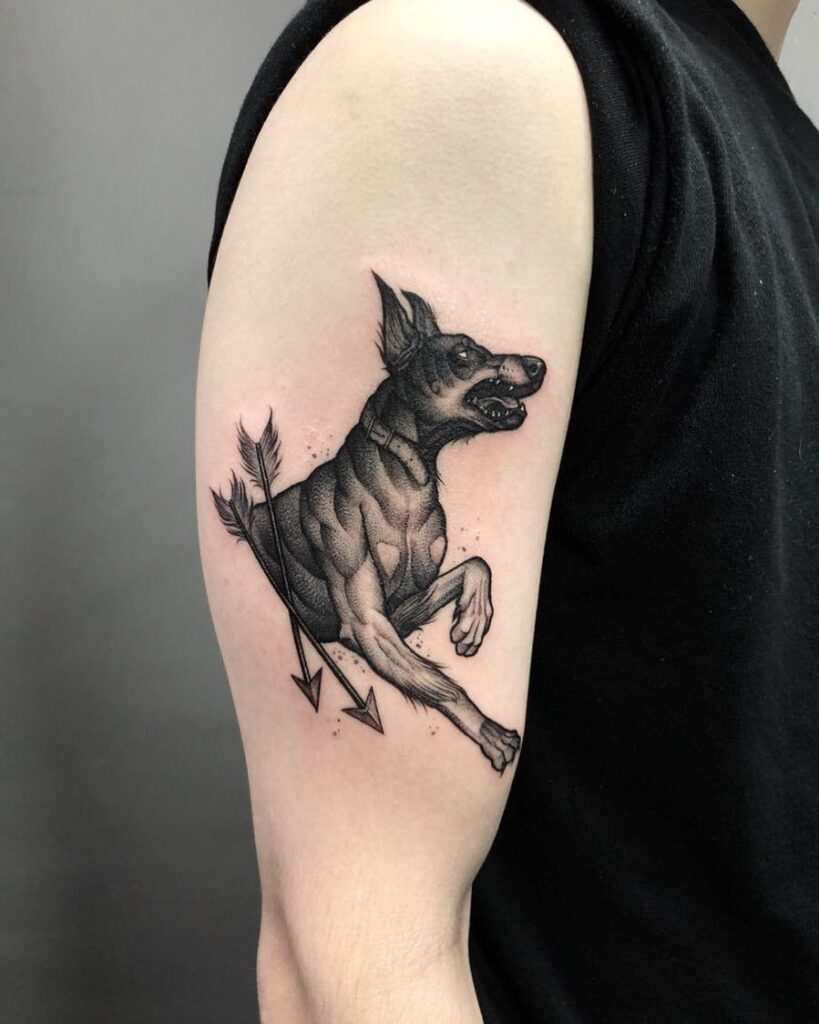 Doberman tattoo on the shoulder for men