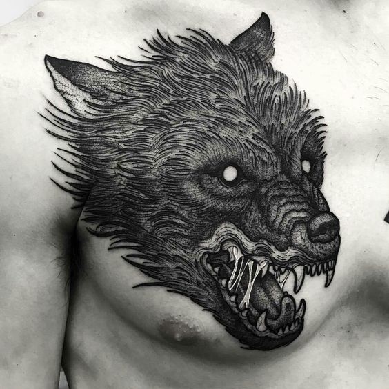 Tattoo of a wolf on the chest for men