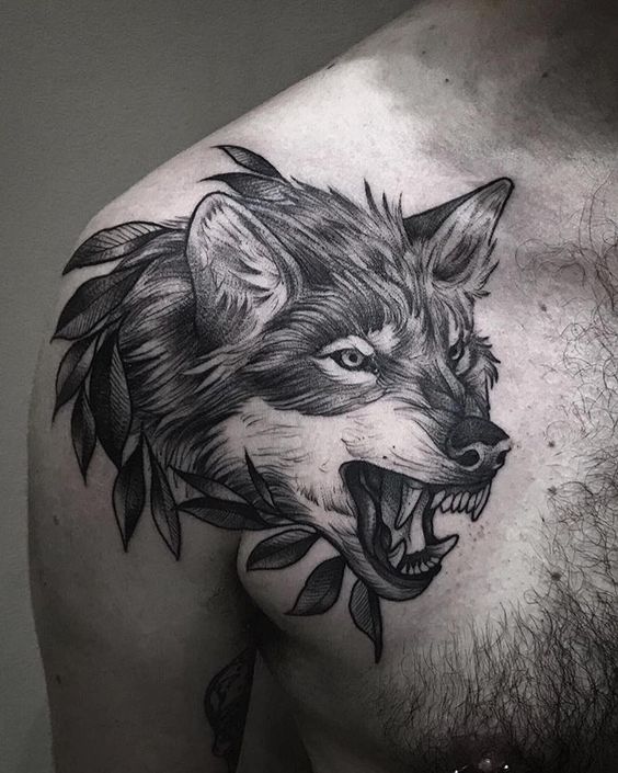 Tattoo of a wolf on the chest for men