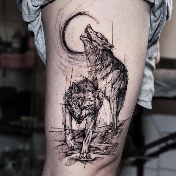 Tattoo of a wolf on the hip for men