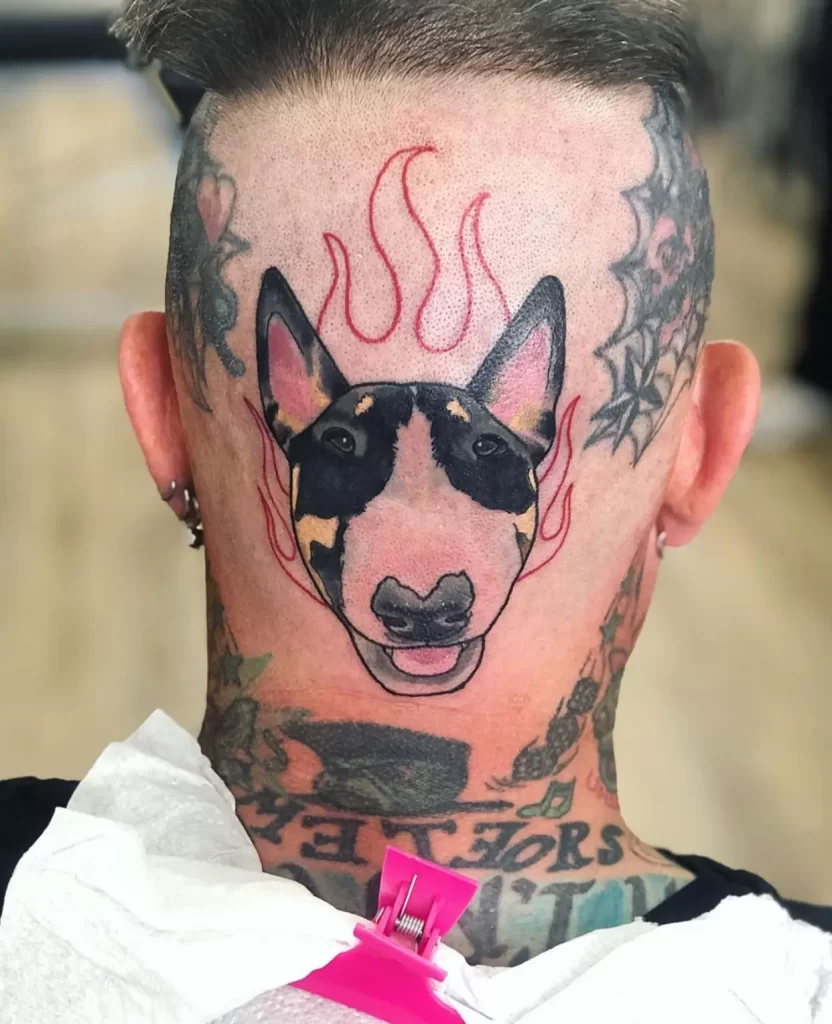 Bull terrier tattoos on the back of the head for men