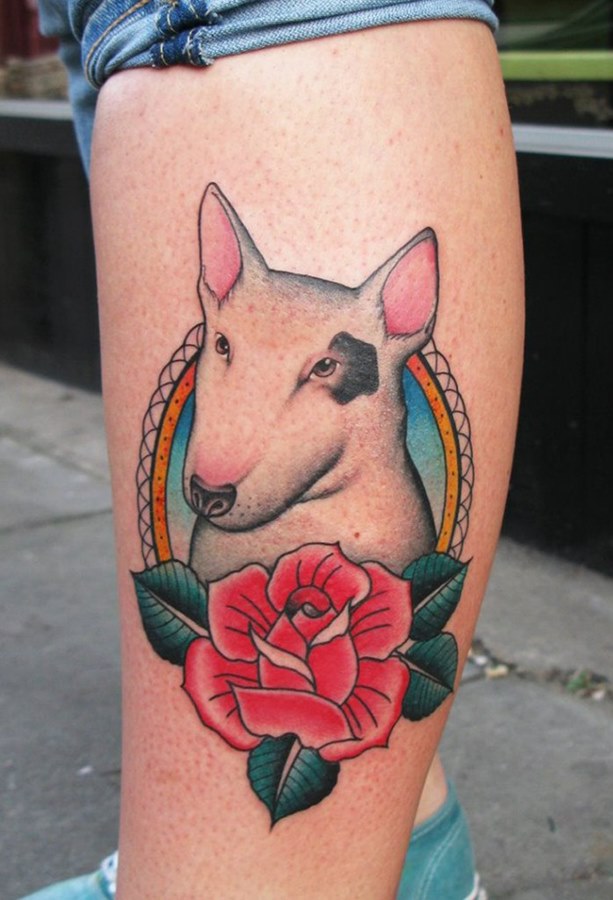 Bull Terrier tattoo on the shin for women