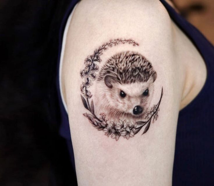 Tattoo of a hedgehog on the shoulder for women