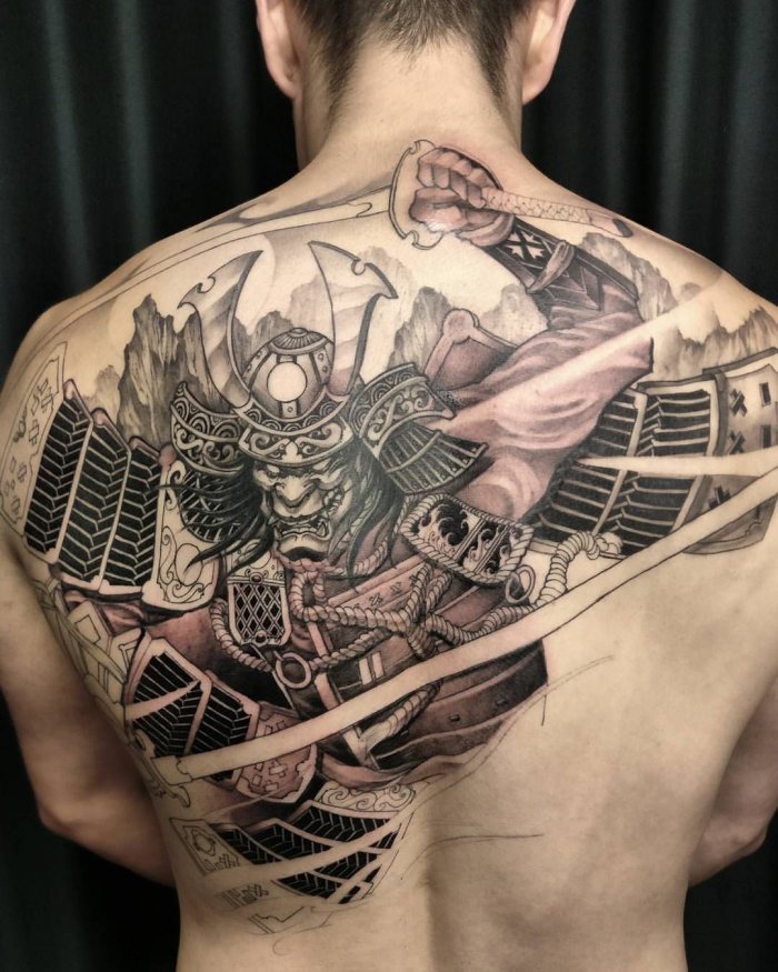 Samurai tattoo on the back for men